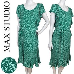 MAX STUDIO Green Polkadots Short Flutter Sleeves Midi Dress Ruffled Hem Medium